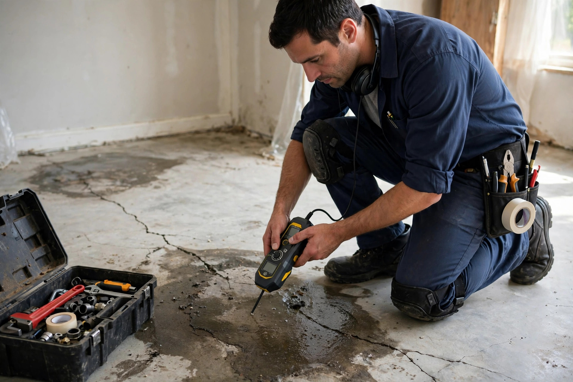 Plumber inspecting a damp, cracked concrete slab floor for a hidden water leak in an Edmond, OK home