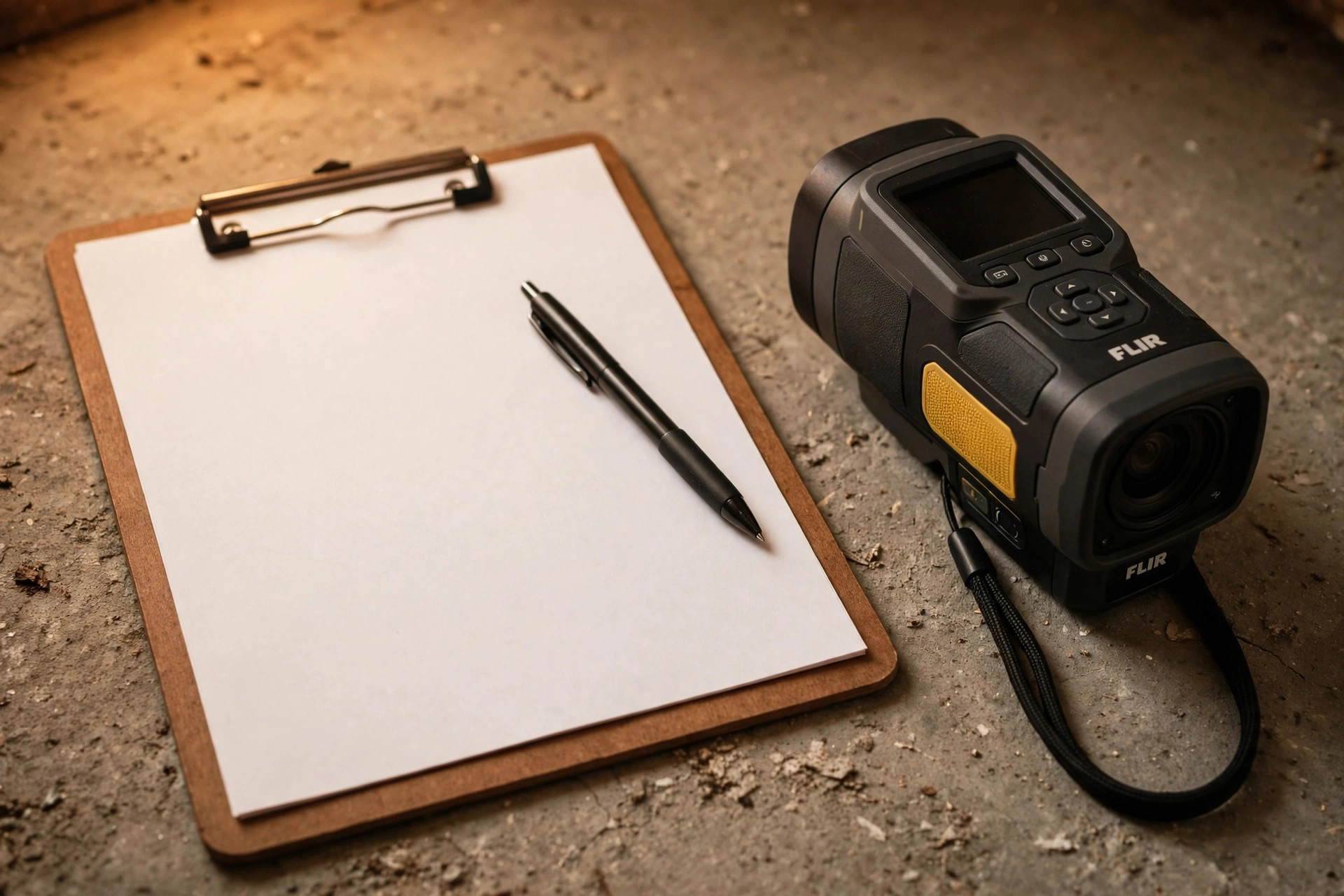 Insurance claim form clipboard on a concrete foundation floor next to a thermal imaging camera used for slab leak detection