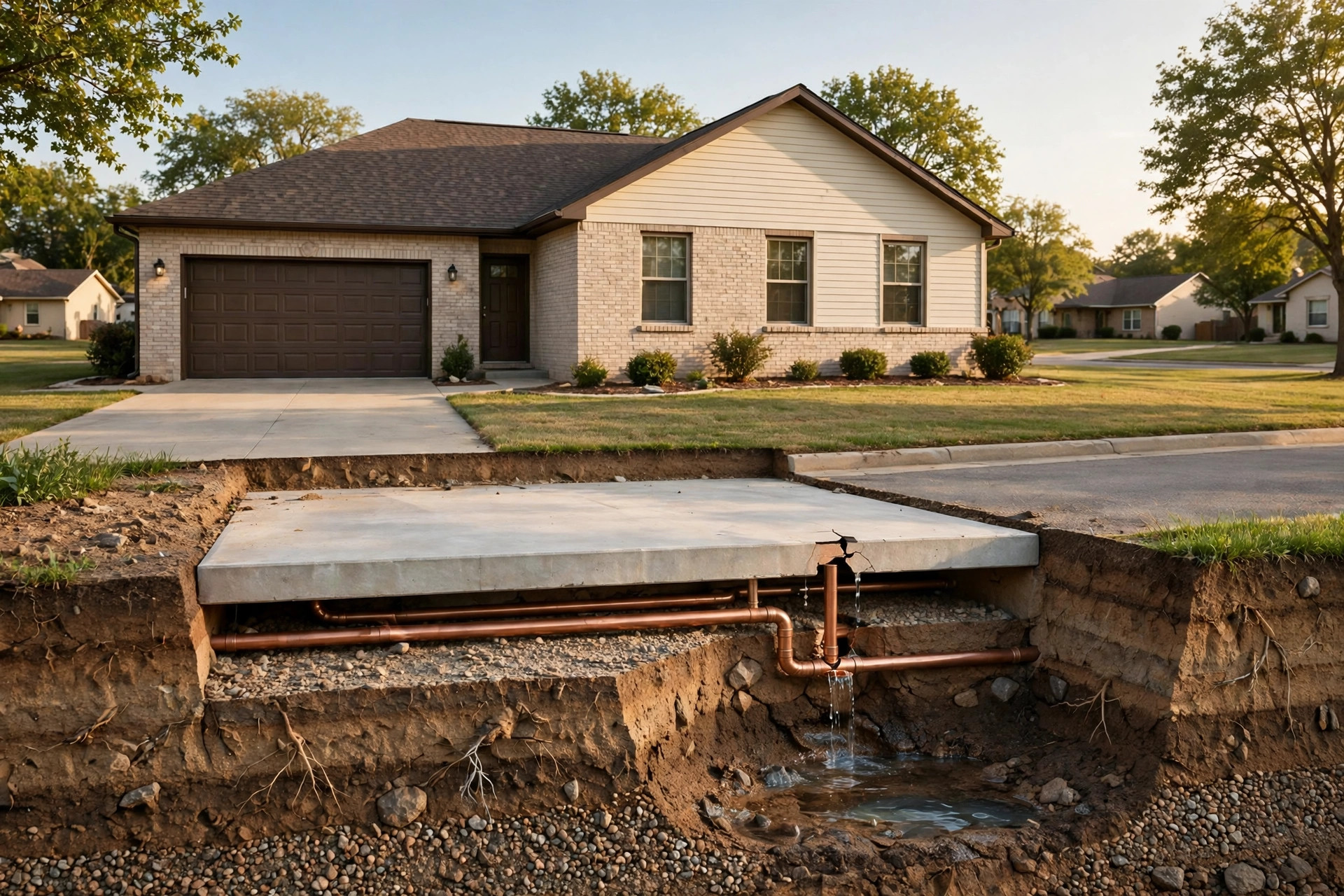 Cutaway view of a home showing copper pipes beneath a concrete slab foundation in Edmond, OK