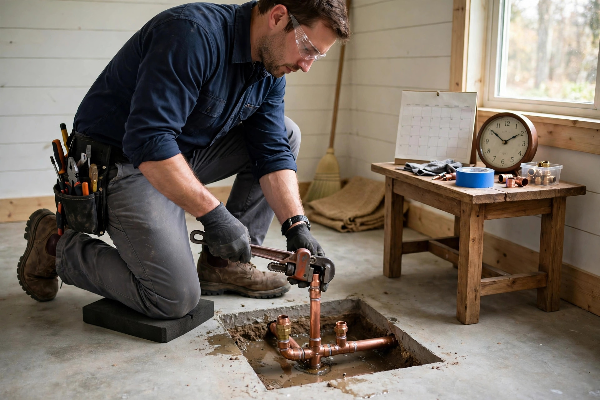 Plumber repairing a copper pipe in a small cut opening in a concrete slab floor, with tools and a clock nearby