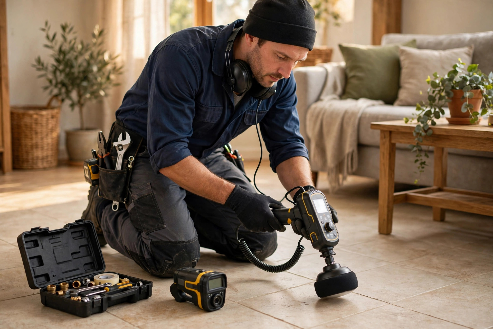 Plumber using acoustic listening equipment and a thermal camera to pinpoint a slab leak under a concrete floor in Edmond, OK