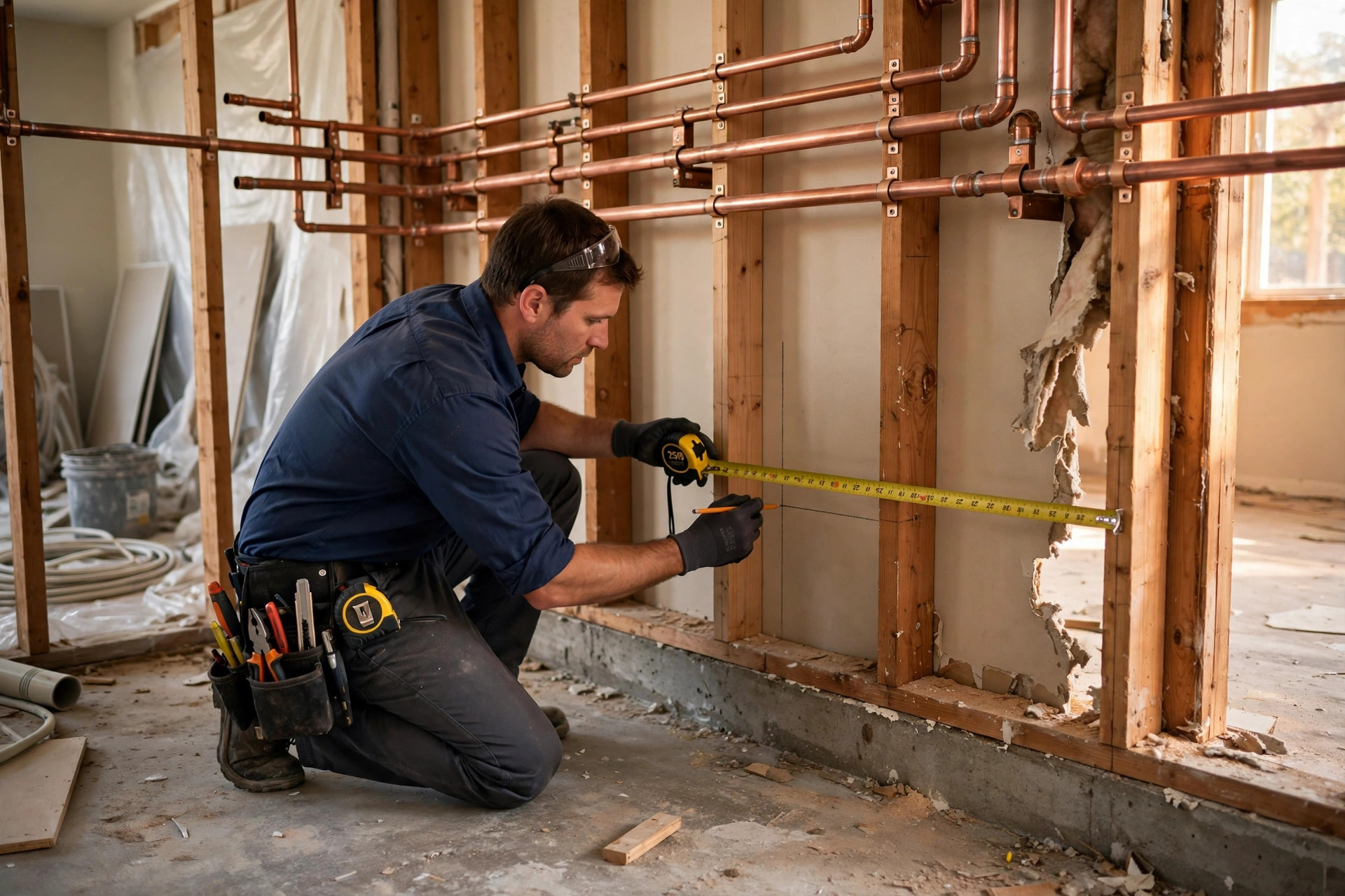 Plumber marking a pipe reroute path on an interior wall above a concrete slab in an Edmond, OK home