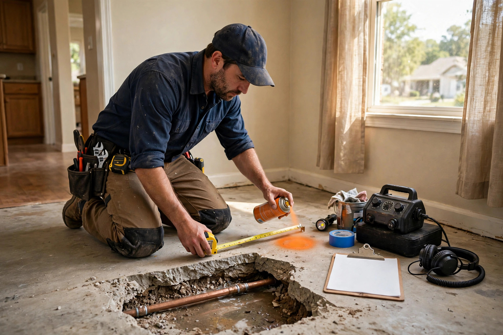 Plumber marking a leak location on a concrete slab floor with measuring tools during a cost estimate visit in Edmond, OK