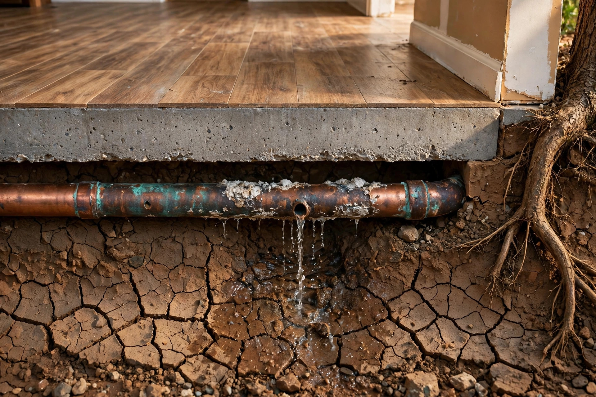Cross-section of a concrete slab foundation showing a corroded copper pipe leaking into dry clay soil beneath an Edmond, OK home