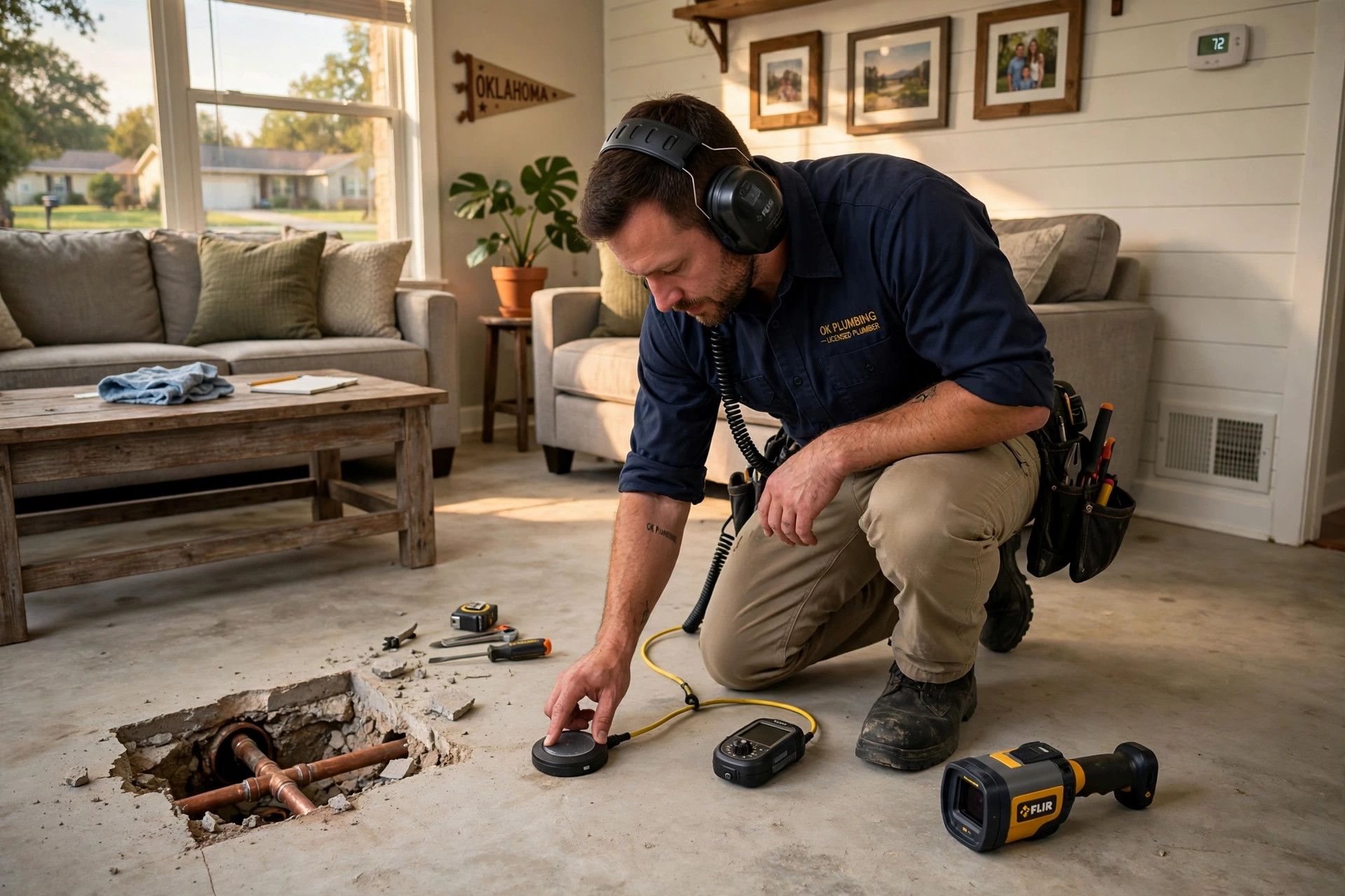 Technician using acoustic listening equipment to locate a slab leak under a home's concrete floor in Edmond, OK